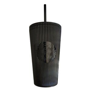 Starbucks 2024 Black Pleated Metallic Core 16 Oz. Venti Cold Cup With Straw
